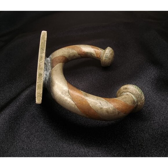 Antique African Heavy Metal Cuff Bracelet With Intricate Geometric Red & Brown - Picture 4 of 5